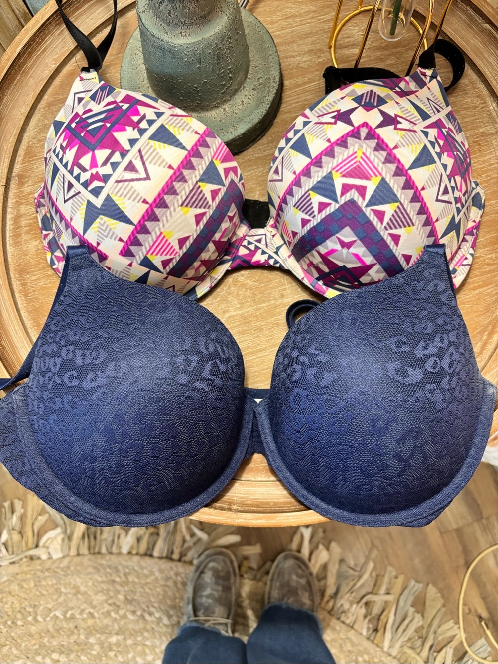 PINK Victoria's Secret Navy Lace & Multicolor Tribal Print Push-Up Bras 36DD
